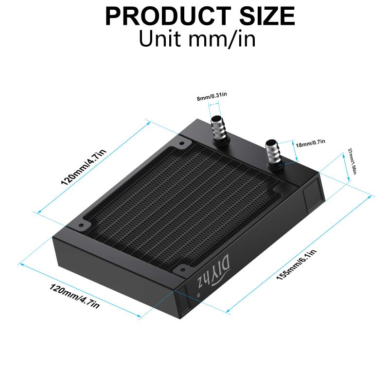 DIYhz Water Cooling Computer Radiator, 12 Pipe Aluminum Heat Exchanger Liquid Cooling Radiator Heat Sink 120mm for CPU PC Laser Water Cool System DC12V Black - Image 2